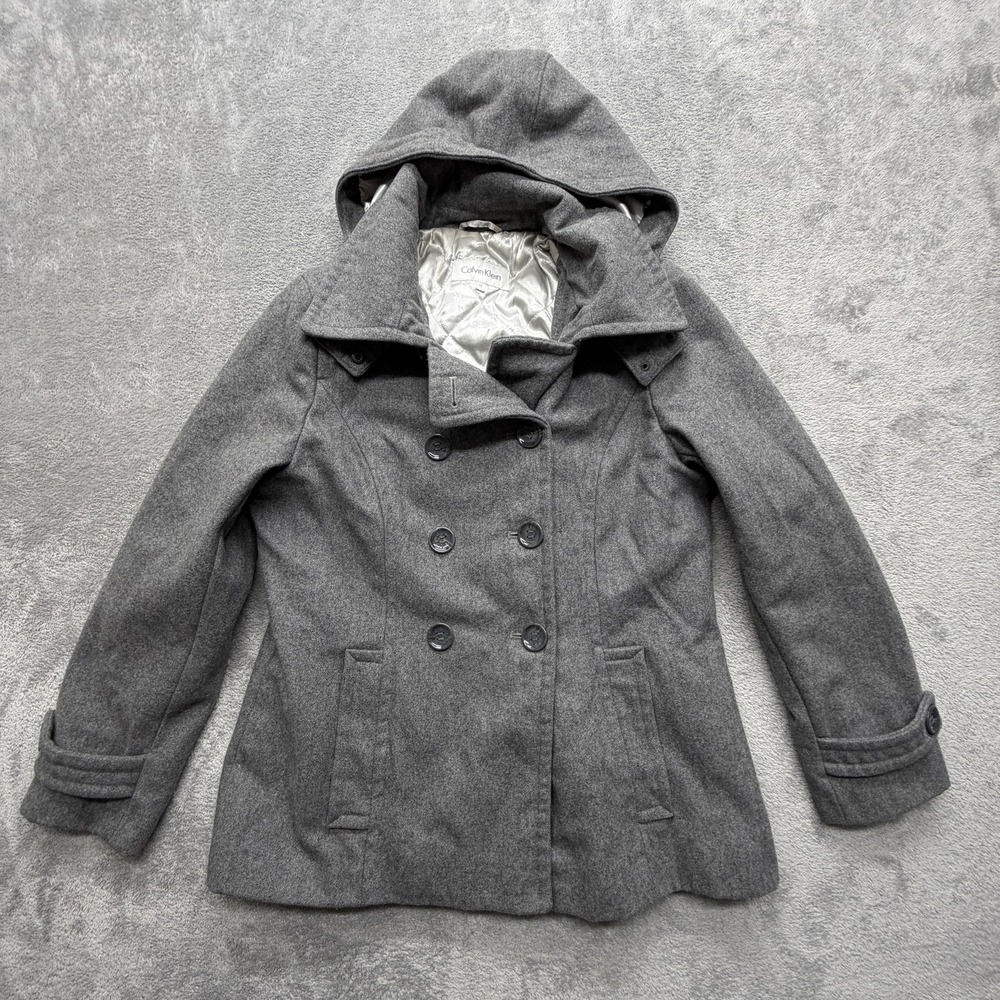 Calvin Klein Coat Womens 12 Gray Hooded Pea Coat Quilted Lined Button Pockets